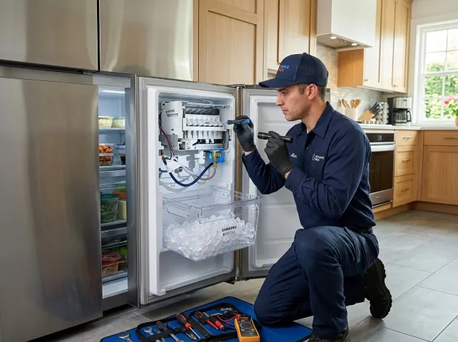 Appliance Repair Hero technician repairing a refrigerator ice maker in Burlington, MI